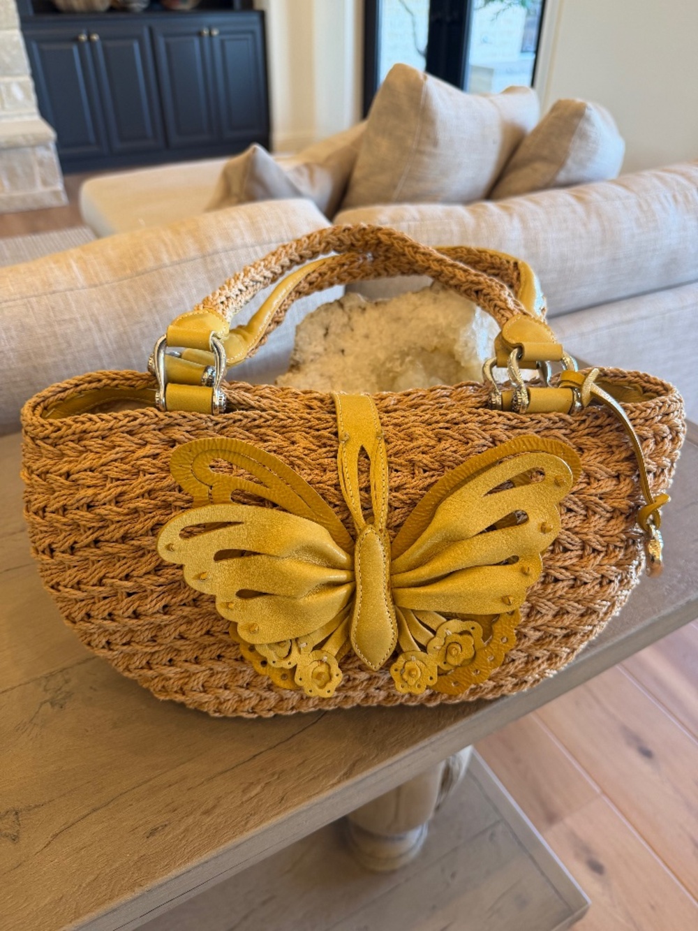 Brighton Straw Yellow Leather Butterfly Handbag Summer Vacation Boho Unique